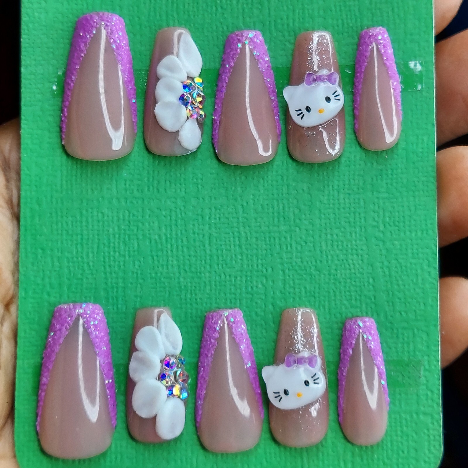 Kawaii Hello Kitty Cat Purple Deep V French Sugar Press on Nails Purple Nails
