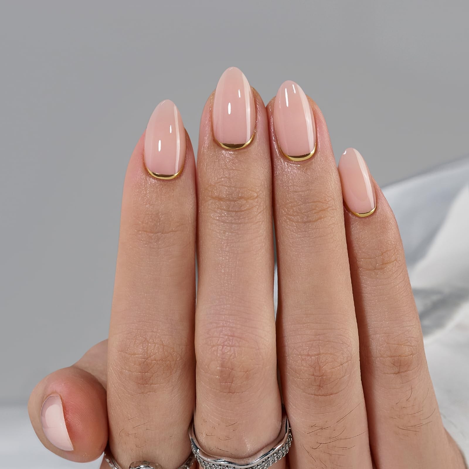 Almond Press On Nails Kit – Short Gold Foil Stick-On Nails with Glue, 32 Pieces