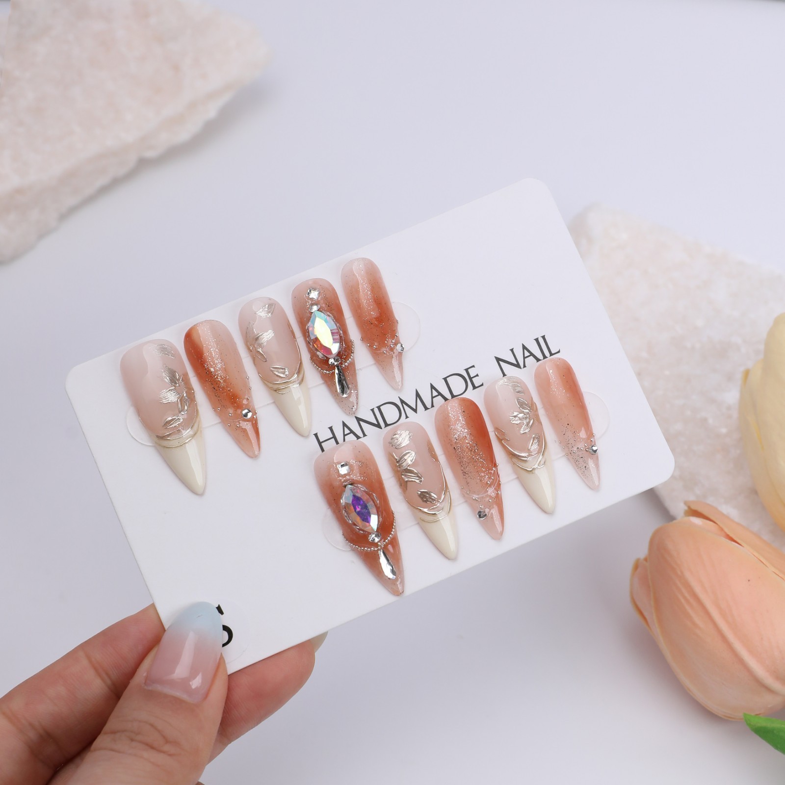 Honey Tea Pink Brown Ombre Press On Nails Medium Stiletto Gold Foil Rhinestone
