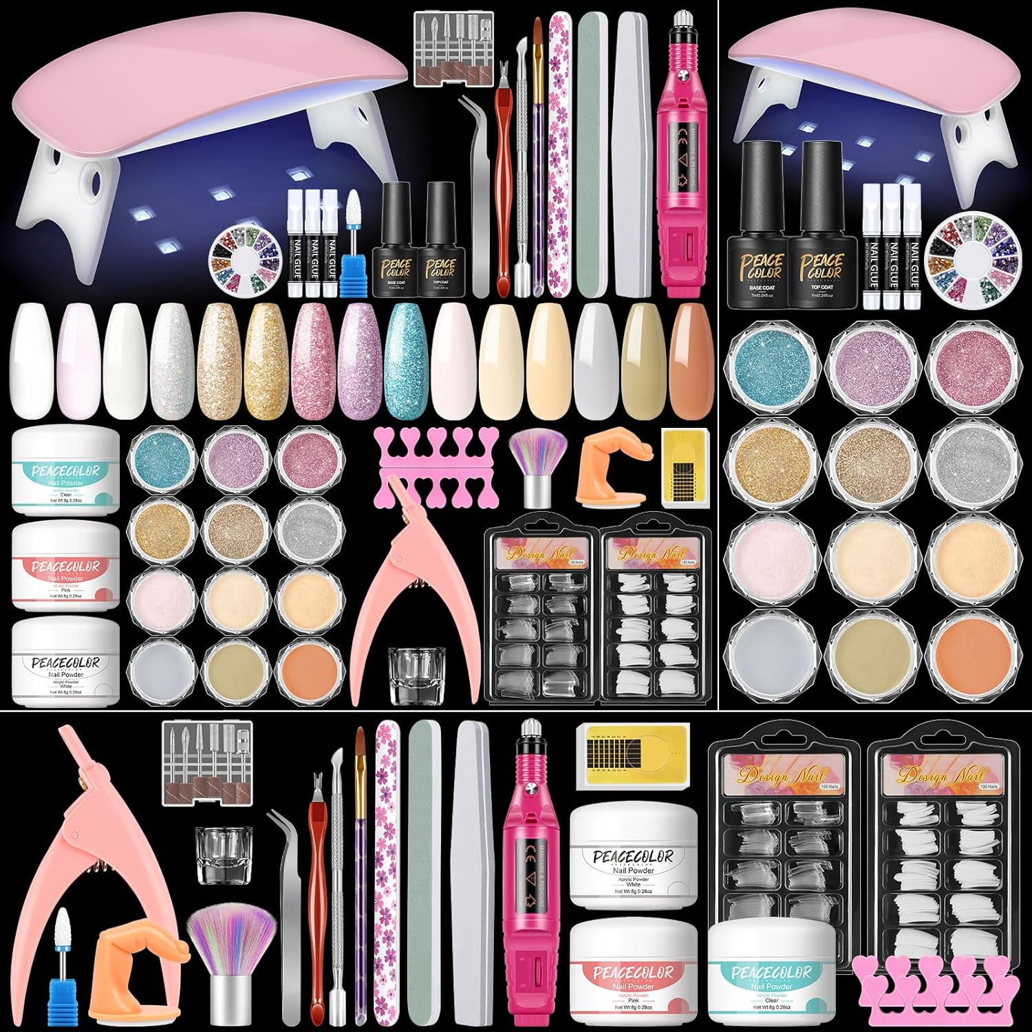 Acrylic Nail Kit for Beginners with Drill U V Light, 3Pc Acrylic Powder Clear/ P