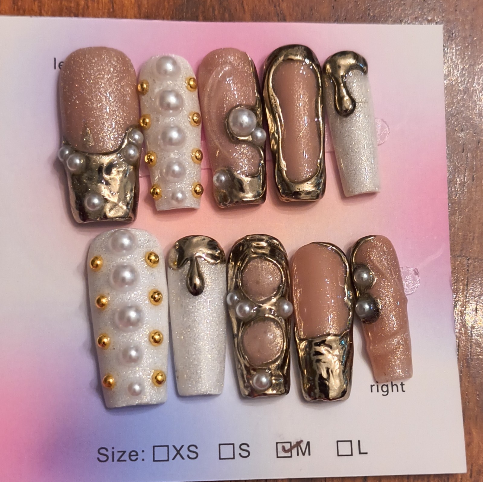 Press-On Nails Long Coffin Beige White Gold Pearl Glitter Full Cover Medium