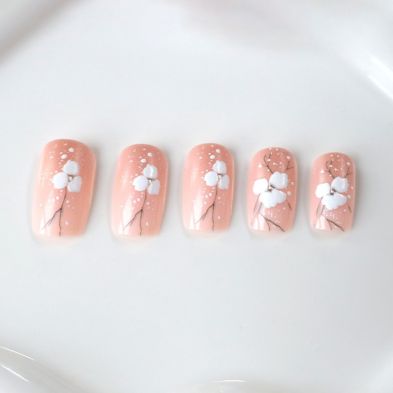 48Pcs-Medium Coffin Nude Gradient Cherry Blossom Snow Dot Press on Nails