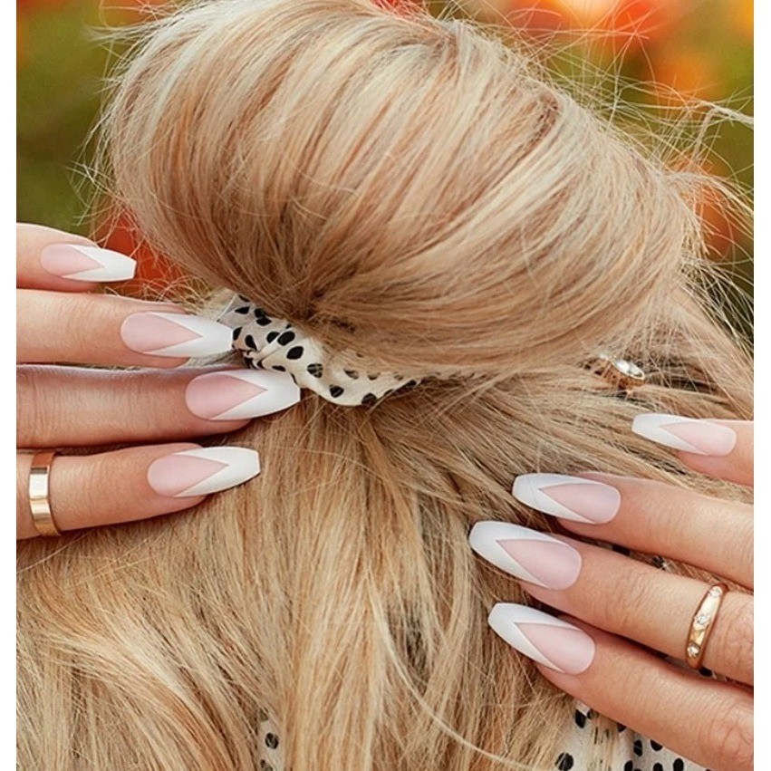 Salon Perfect Modern French Nail Set, Long Coffin, Warm Pink, 24 Nails
