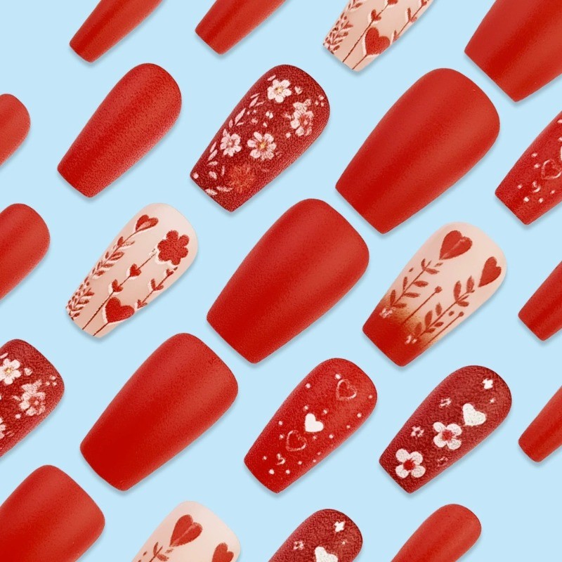 48 Pieces of Shiny Red Matte Ballet Shaped Medium Length Glossy Nail Art
