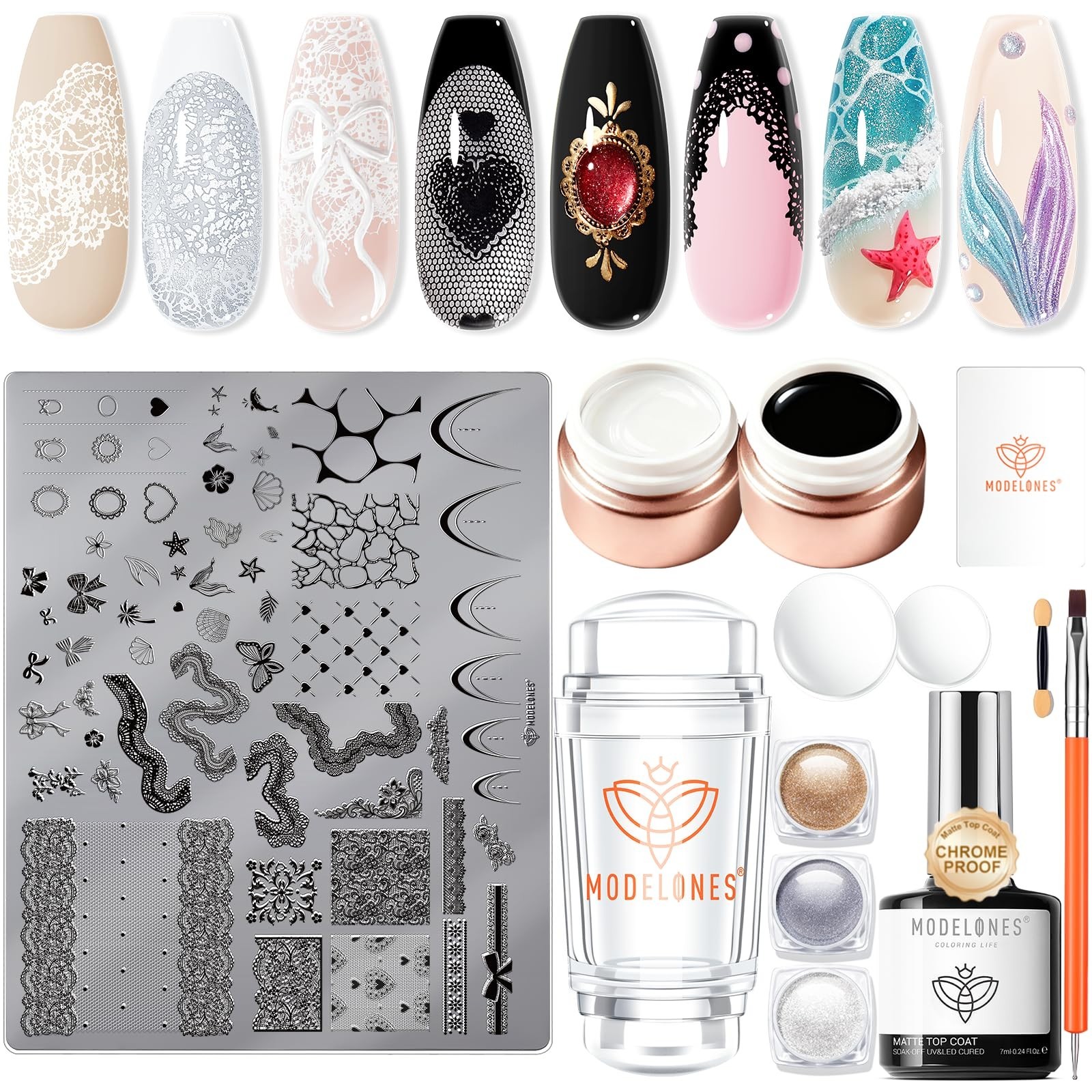 16PCS Nail Stamping Kit – French Tip Stamper, Gel Polish, Chrome Powder, Nail Ar