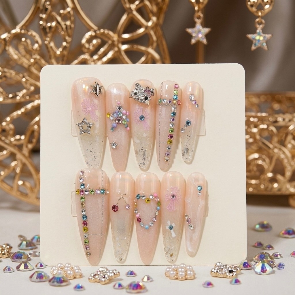 Y2K Kawaii Press On Nails | Colorful Crystal Star & Heart 3D Reusable