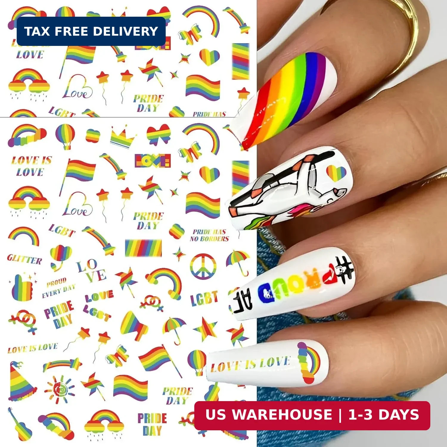 4 Sheets LGBTQ+ Pride Nail Stickers Cute Rainbow Nail Art Decals 3D Self-Adhesiv