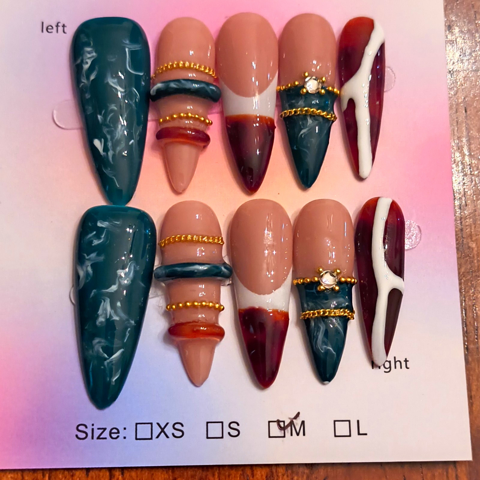 Press-On Nails Medium Coffin Green Nude Brown White Gold 3D Abstract Full Cover