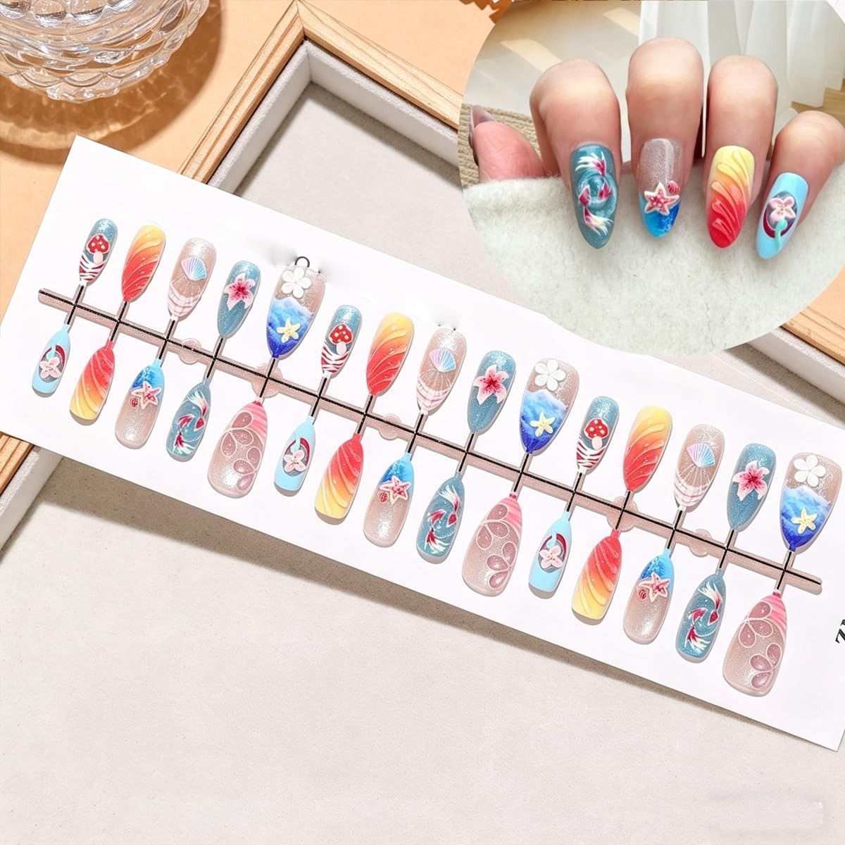 Summer Ocean Press on Nails Long Almond Fake Nails 3D Starfish Seashell Flowe…