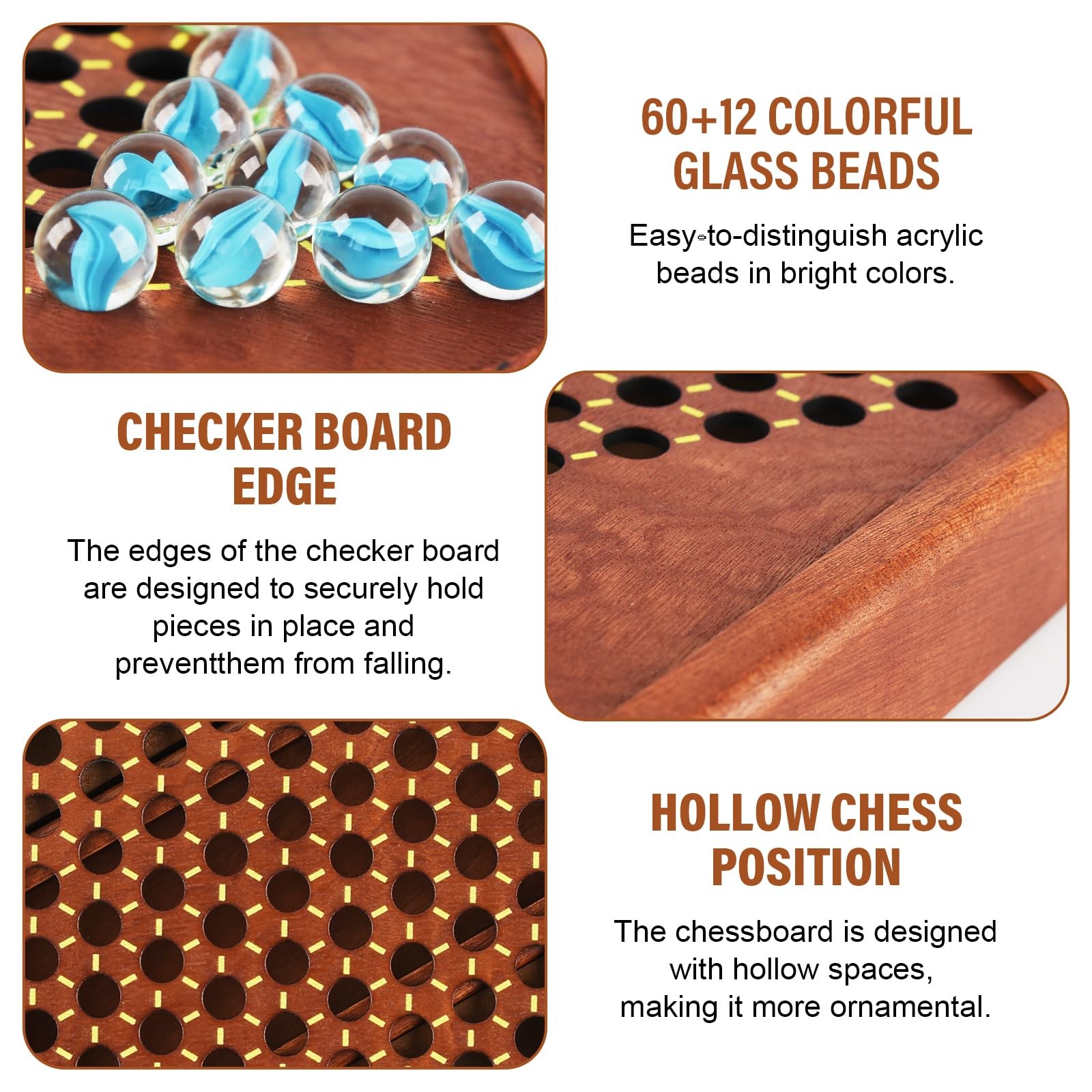 12.7 Inches Wooden Chinese Checkers x 11 x 1.6 inch, Glass Marbles