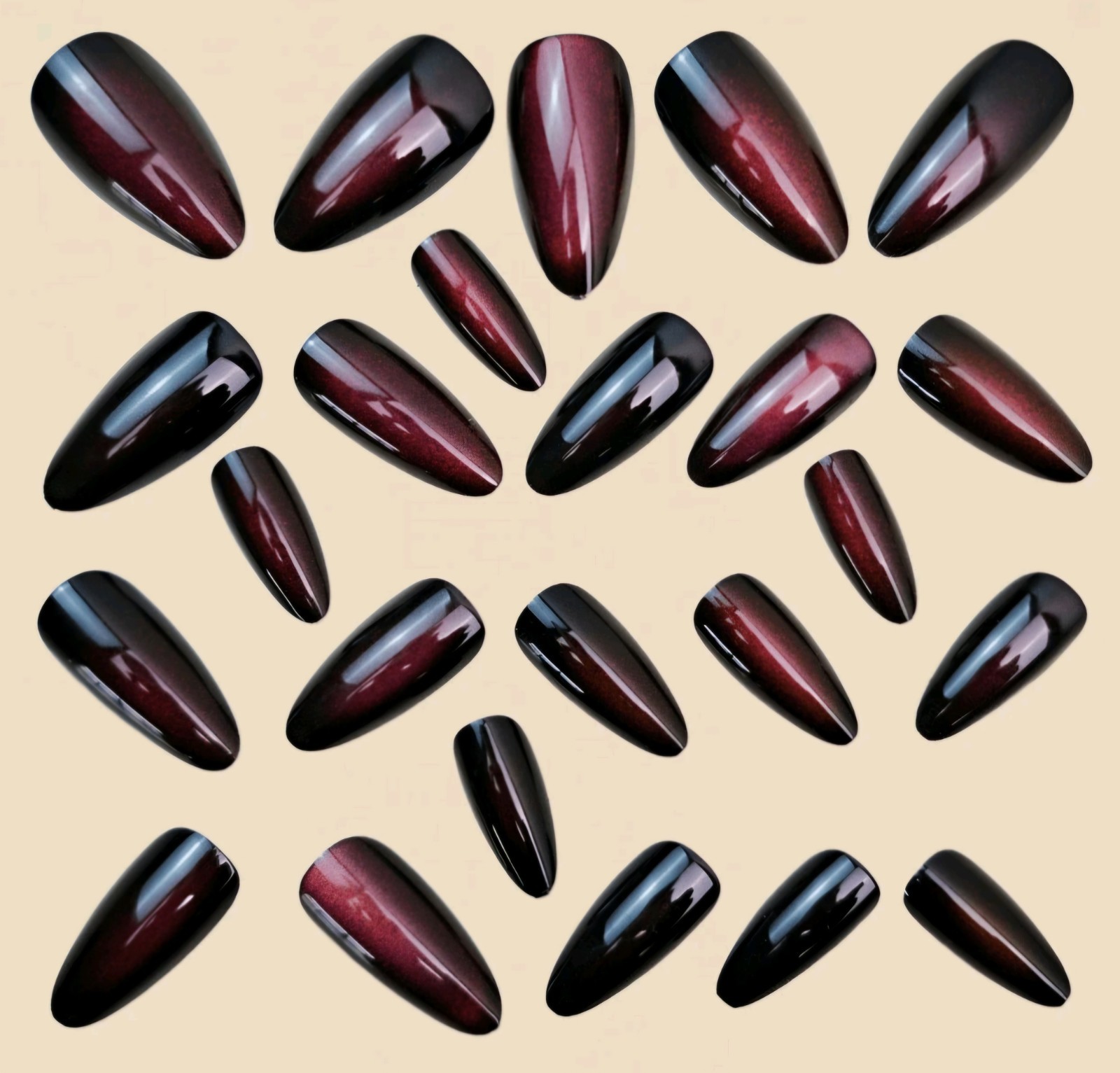 Press-On Nails Burgundy French Styled Ombre Long Almond Shaped