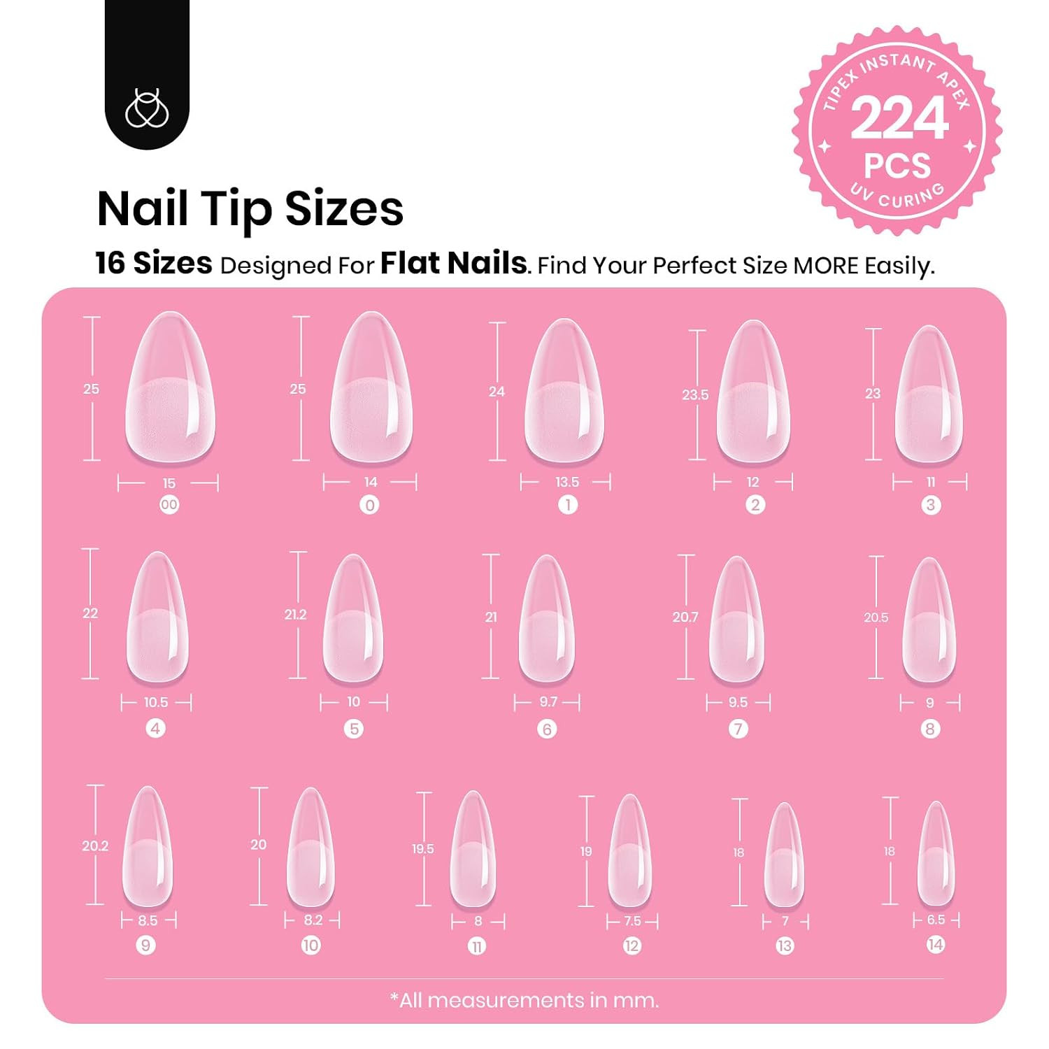 Tipex Instant Apex Nail Tips Kit, Medium Almond, 224PCS 16 Sizes 00-14, No Build