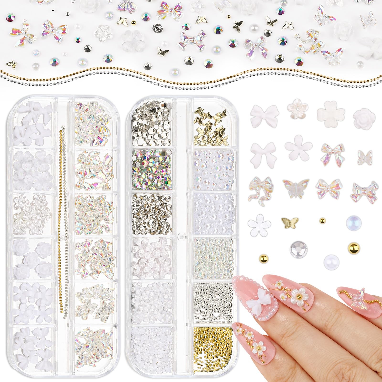 2 Boxes Assorted Nail Charms and Gems, White Flower Nail Charms Aurora Bow Me…