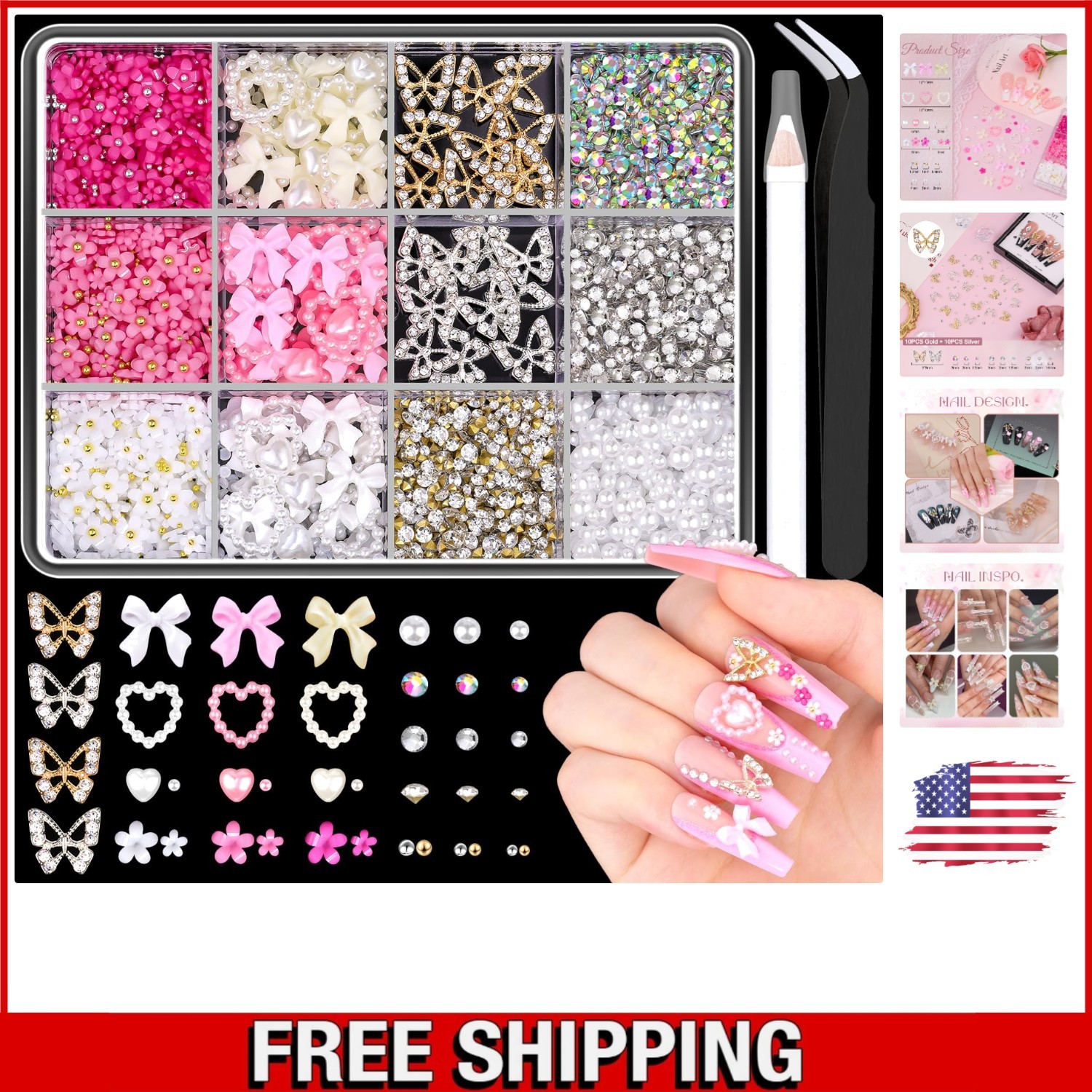 Vibrant 3D Nail Charms & Gems Set – Butterflies, Flowers & Bows Included