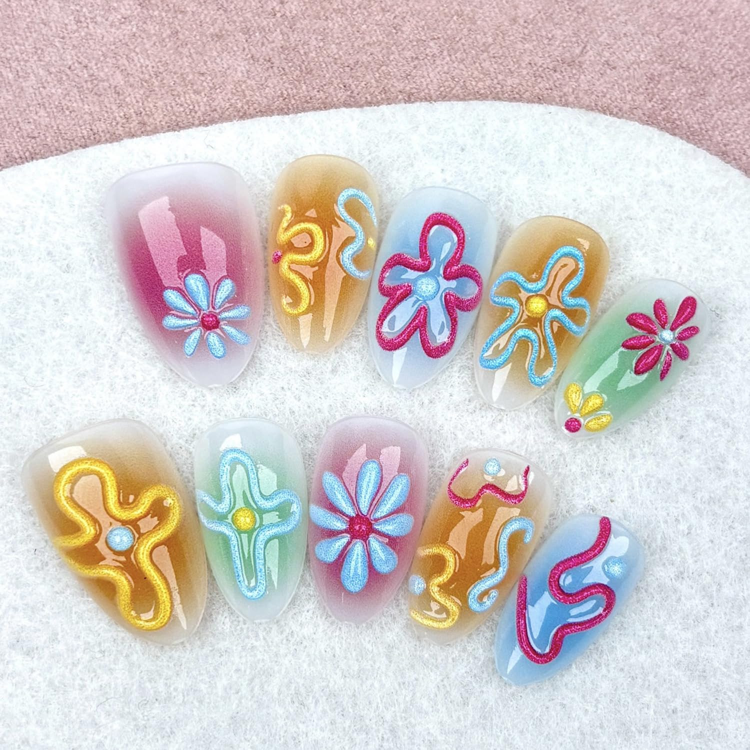 30Pcs Colorful Flower Press on Nails Short Almond Fake Nails with 3D Designs Spr