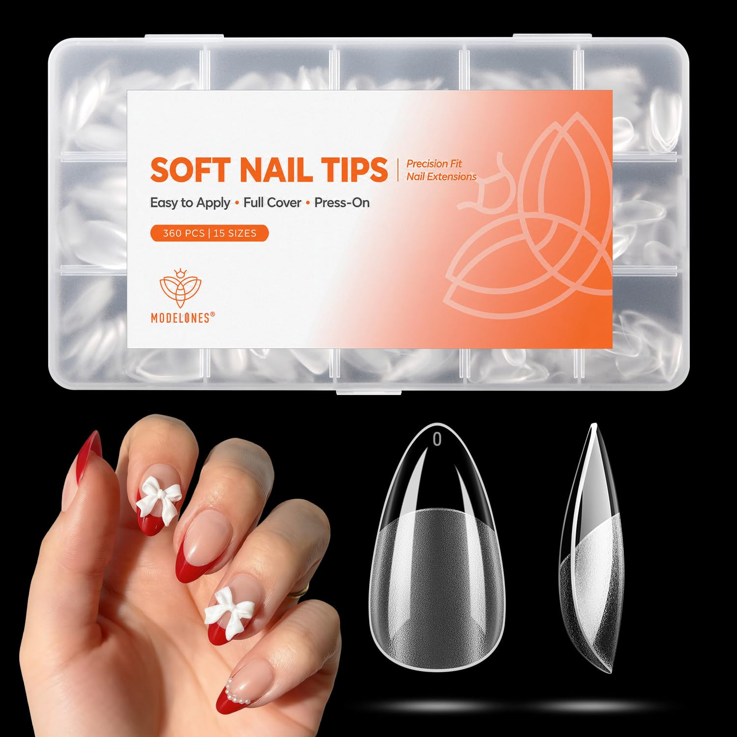 Short Almond Nail Tips, 360Pcs Pre-Etched Clear Soft Press on Fake Nails Full Co