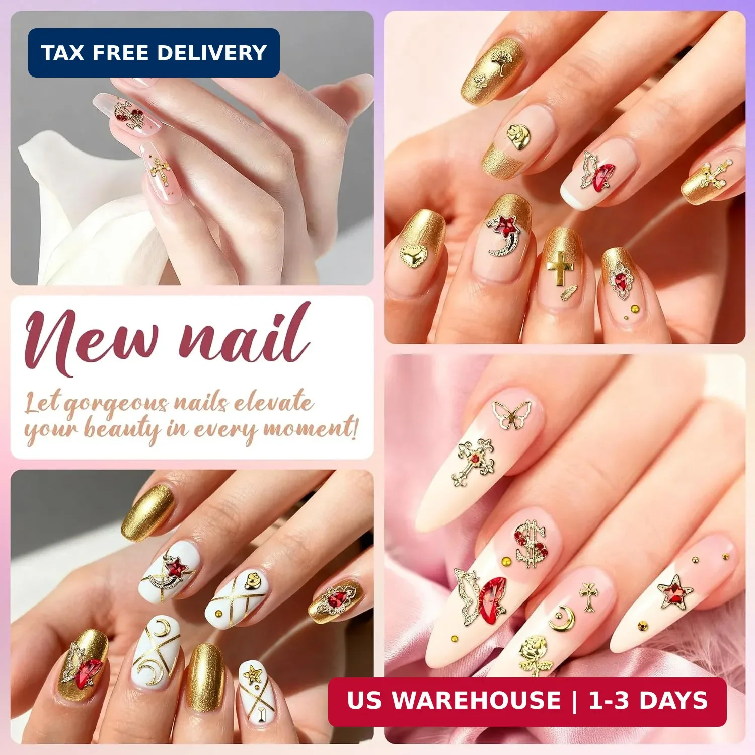 Gold Nail Charms and Nail Gems with 4 Boxes of Rhinestones 3D Metal for Nail Art