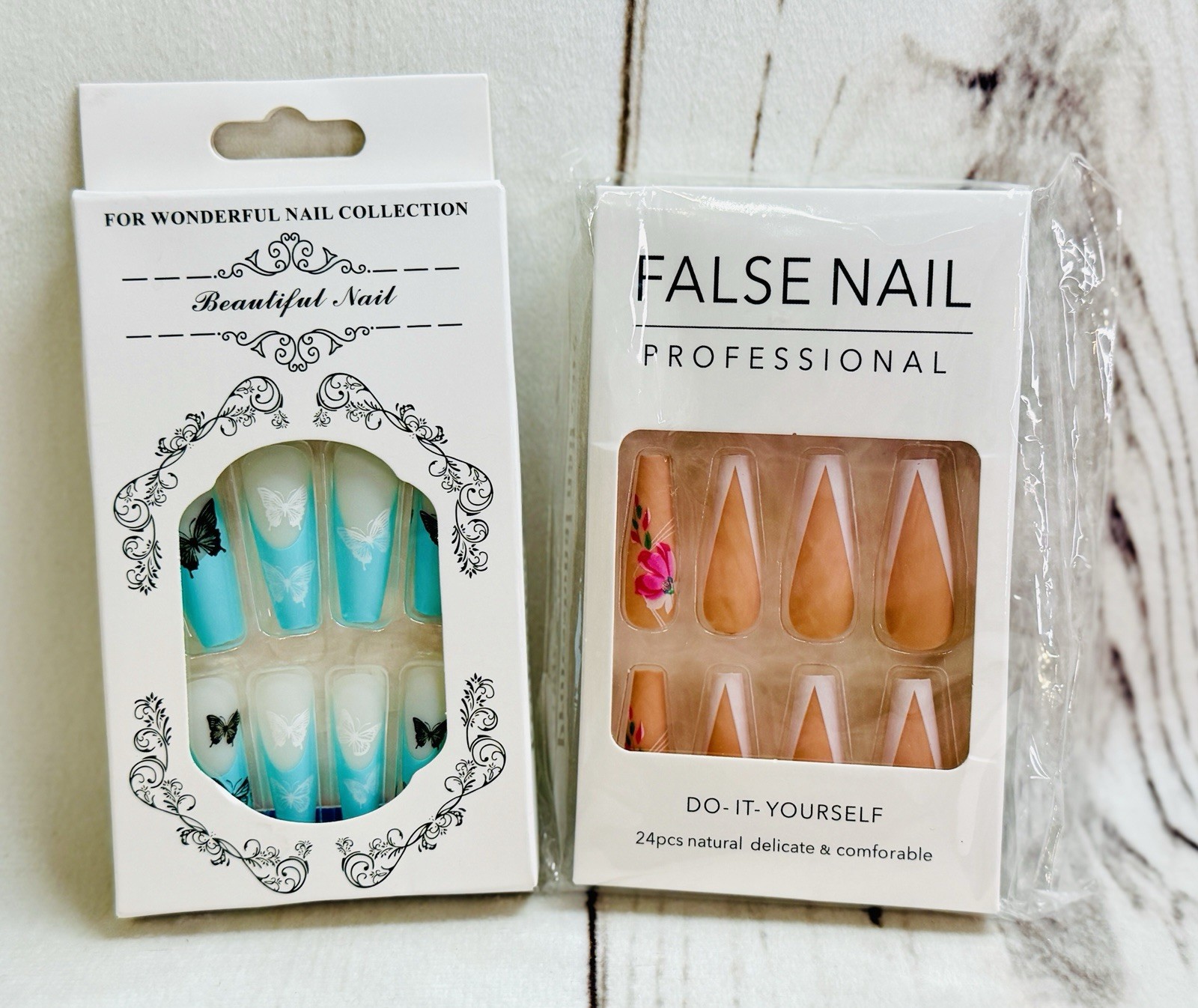 x2 Lot Nail Sets Press On Glue Nails French Pink Blue Butterfly Matte Nude Roses