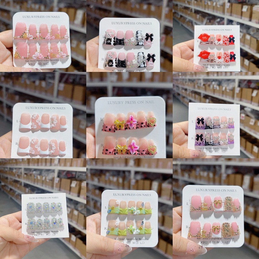 48Pcs 3D Rhinestone Pearl Press On Nails Almond Coffin Removable For Date