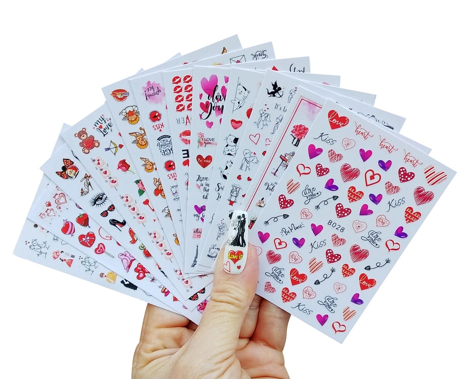 12 Sheets Valentines Nail Decoration Heart Love Self-Adhesive Slider Letters NH4