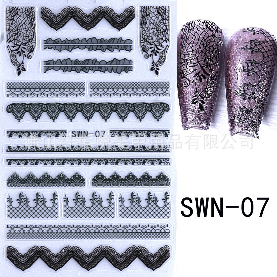 2Pcs Nail Stickers Black White Lace Self-Adhesive Slider Peel Off Decoration NH7