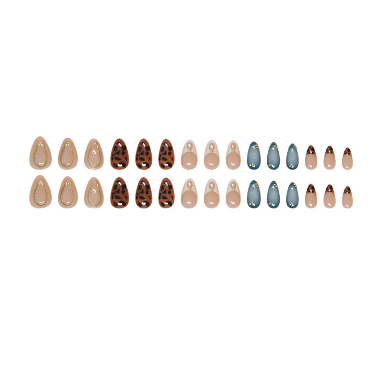 30Pcs-Long Almond Teal Solid Amber Leopard Print Nude Base Star Press on Nails