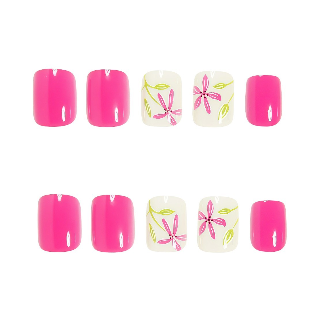 “Short Square Press On Nails Pink Floral Set Fake Nails Summer Full Cover