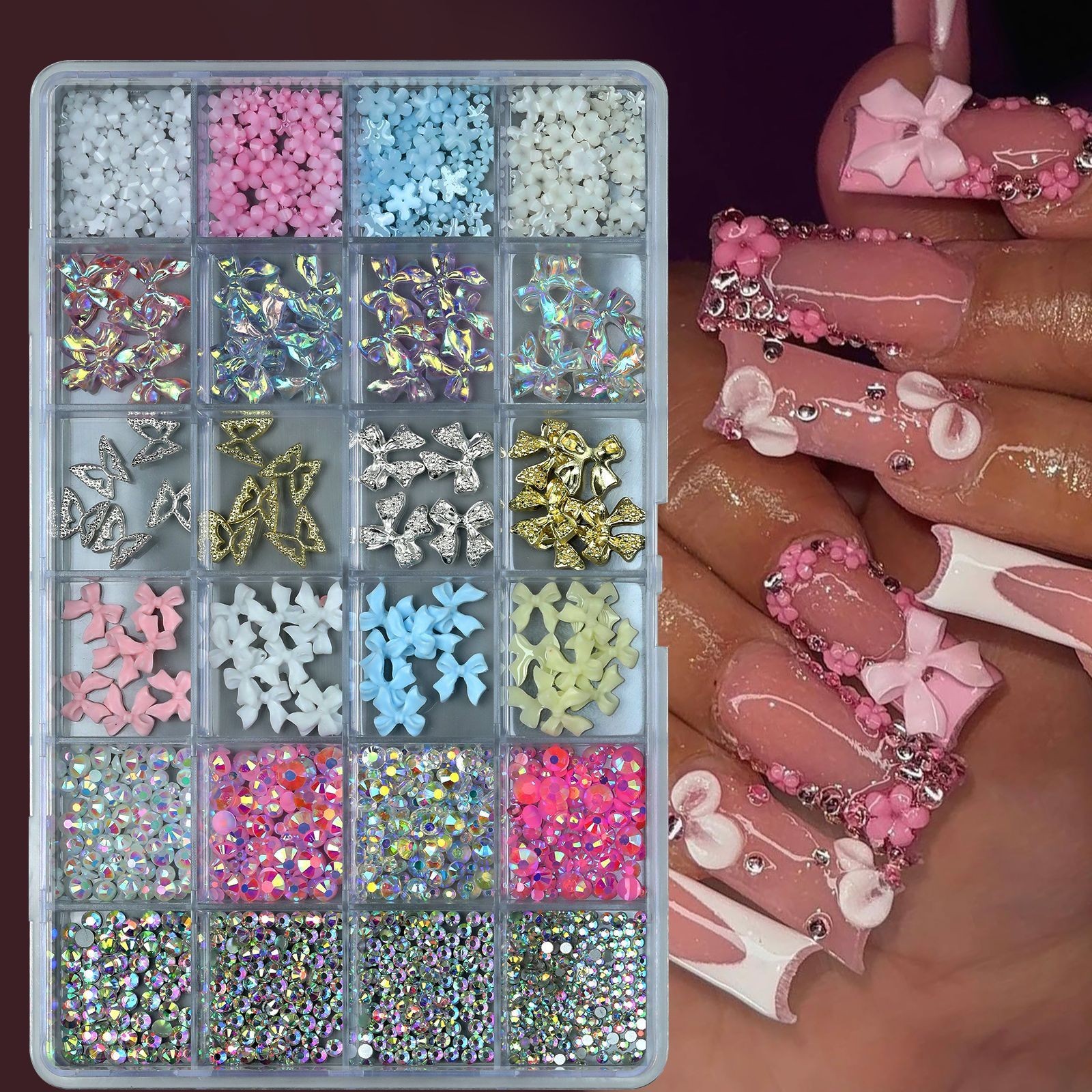 Mixed Styles Colors of Pearl Bows Flower 3D Nail Art Decor 24Grids/Box Set