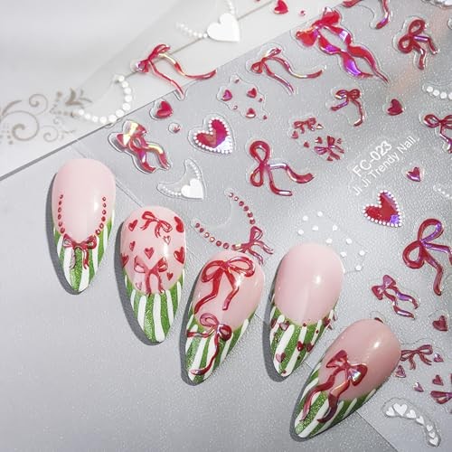 4 Sheets 3D Self-Adhesive Red White Valentines Nail Decals Bow Nail Stickers