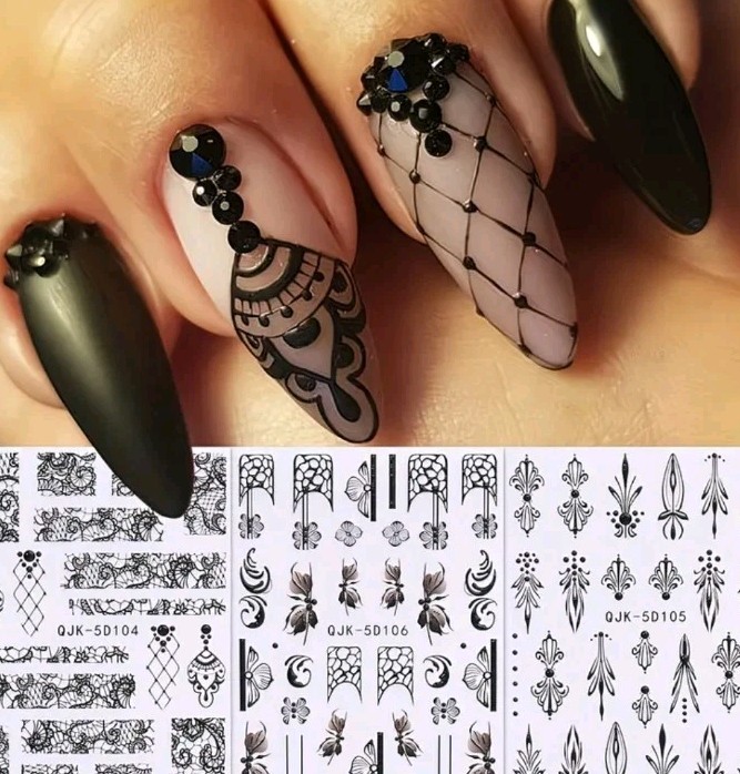 3 Sheets Black Nail Art Transfer Stickers Lace Paisley Vintage Scrolling Demask