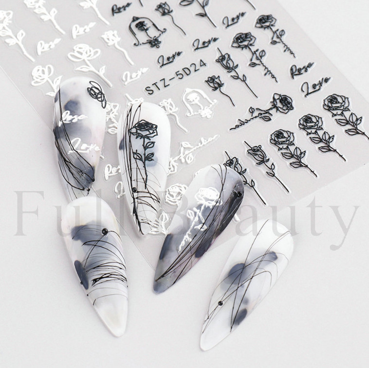 Black White 5D Embossed Rose Flowers Heart Leaf Nail Stickers Sliders Manicure