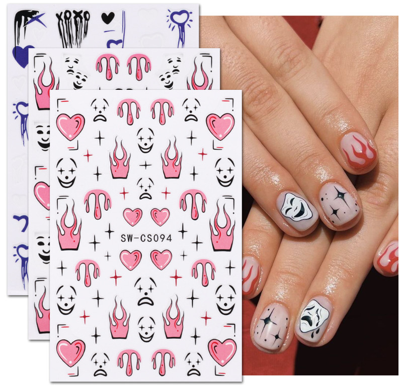 Clown Nail Stickers 3D Halloween Candle Stars Comic Heart Flame Graffiti NS52