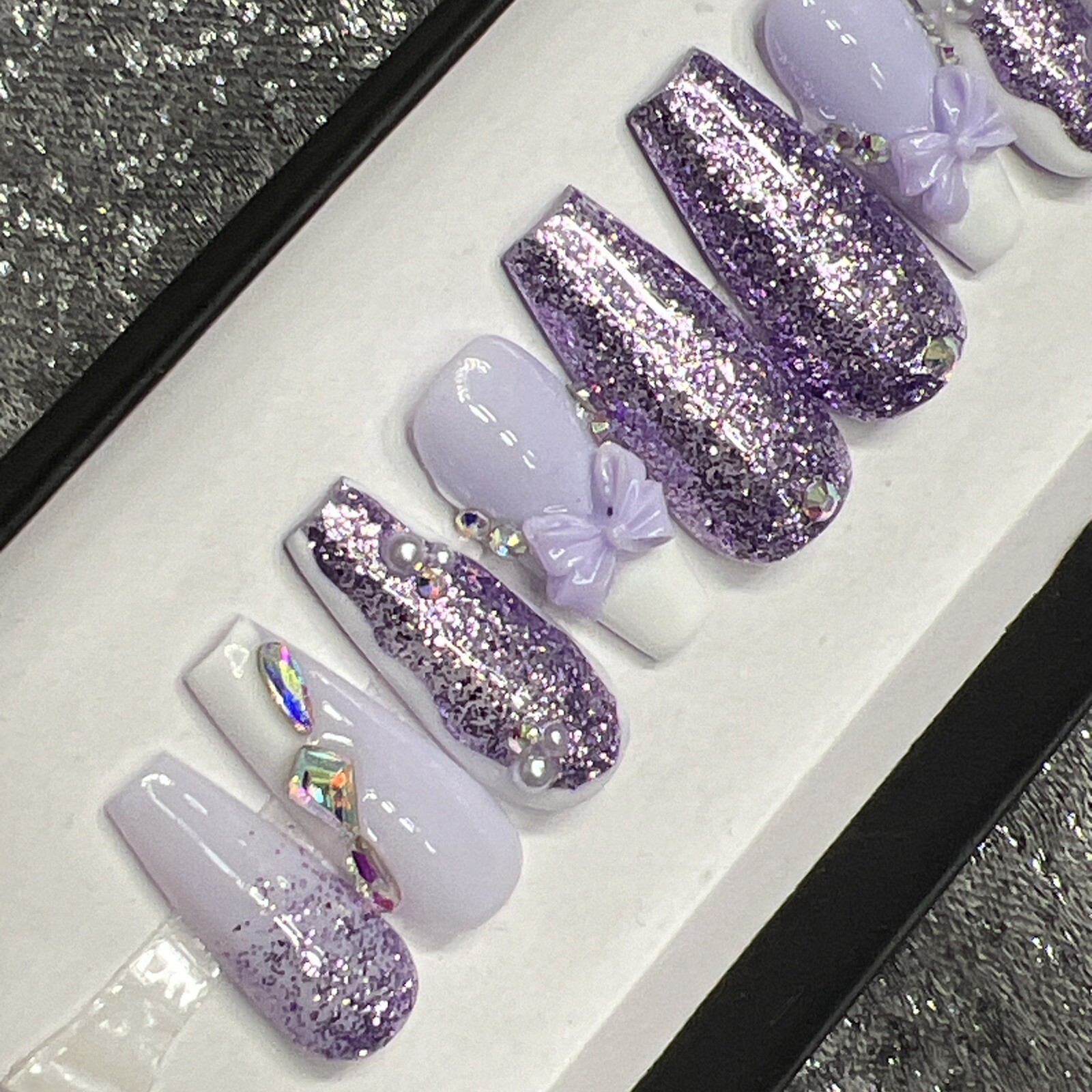 🤍 CUSTOM Hard Gel Press On Nails, Purple BLING 10p Set MED COFFIN NEW Kit
