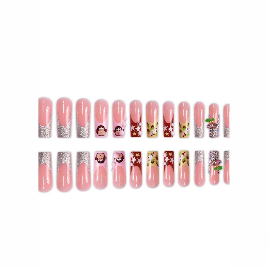 48pcs-Playful Pink Coffin Nails with Bubblegum Monkey Print, Stars and Crystals