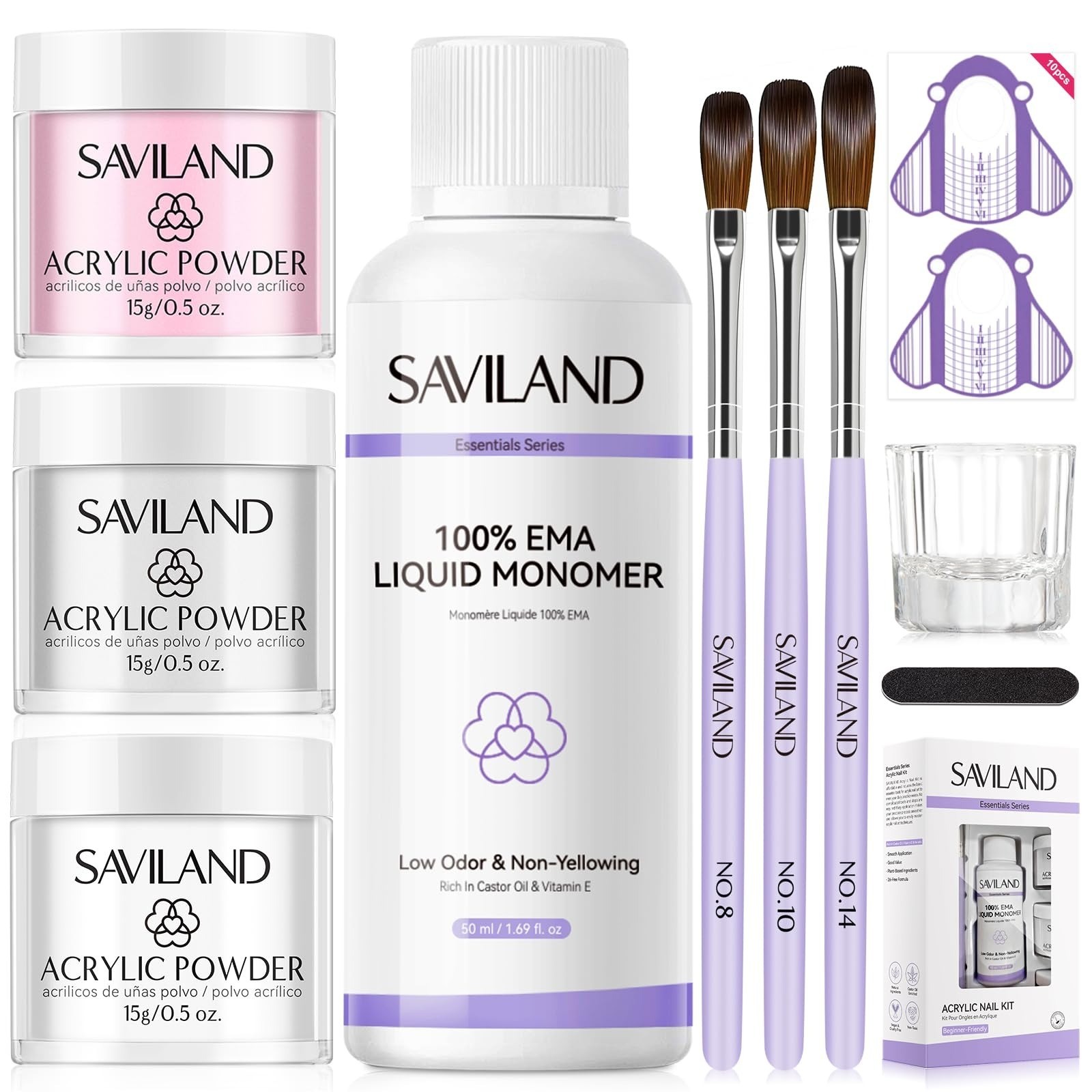 SAVILAND Acrylic Nail Kit with Drill: 15g White Pink Clear Acrylic Powder and Li