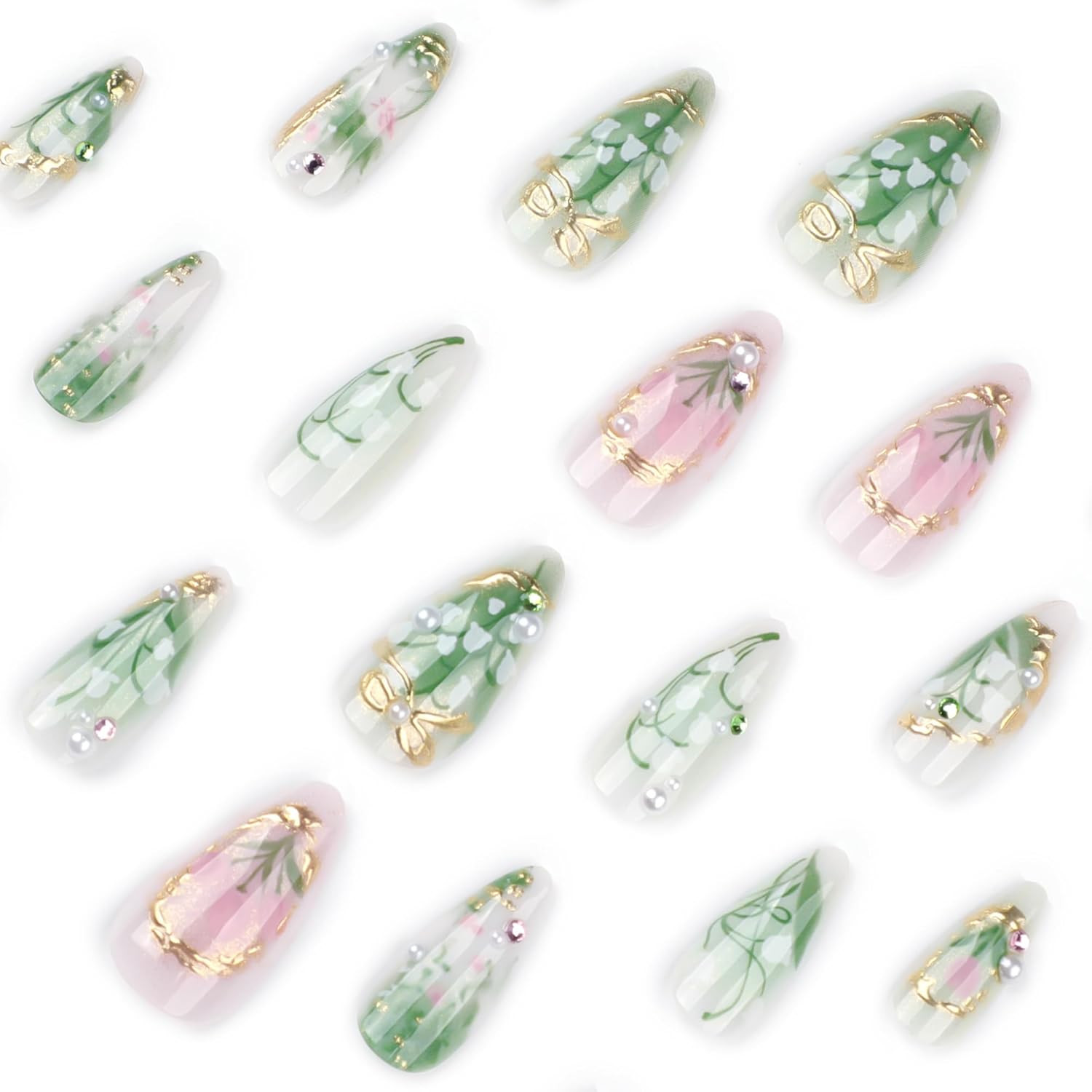 Green Press on Nails Medium Almond Fake Nails with 3D Pearl Rhinestones Designs