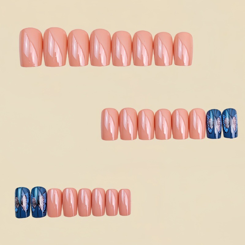 48Pcs-Long Square Nude White Line Black Butterfly Printed Press on Nails Set