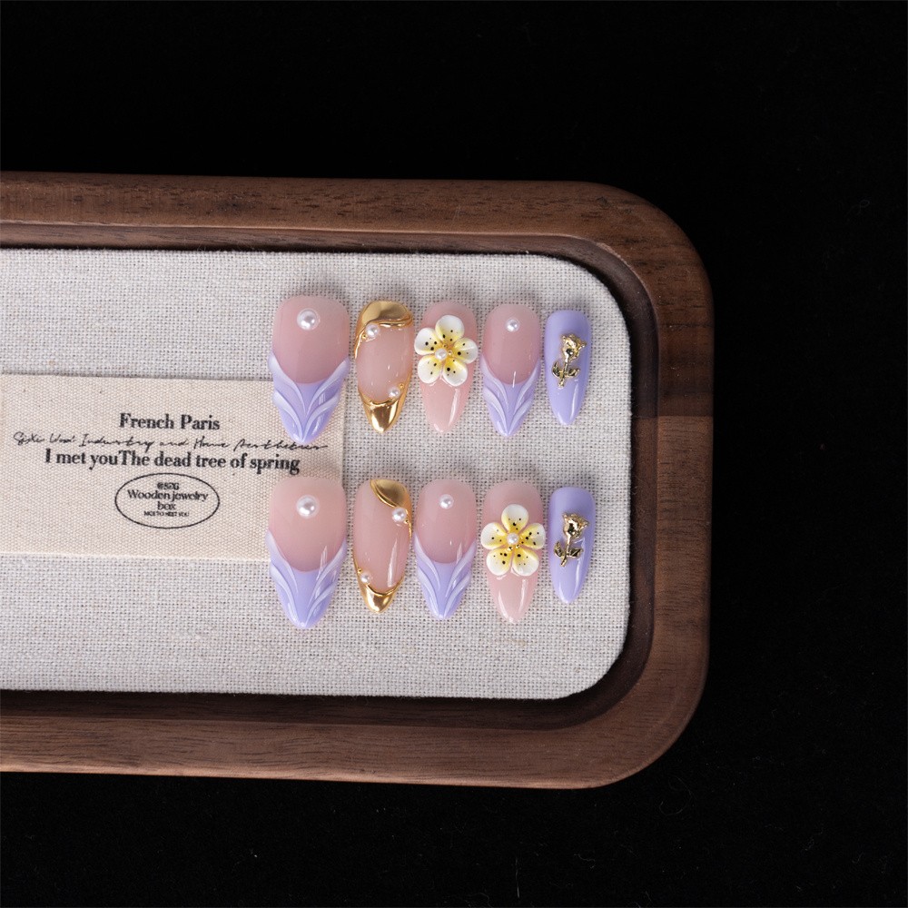 Handmade Press On Nails High Quality Gradient Floral Almond Fake Nail for Office