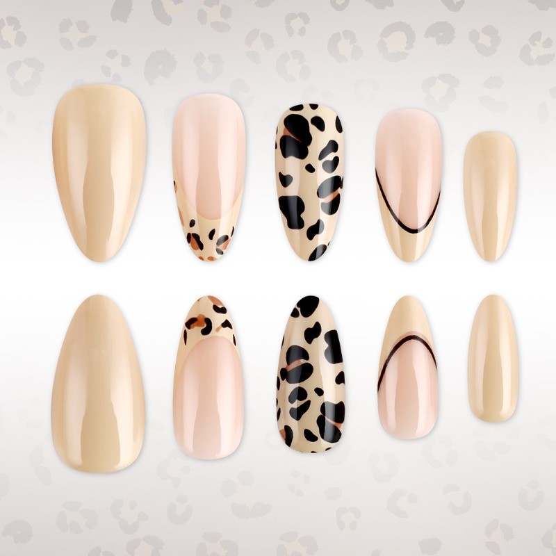 48pcs-Trendy Mixed Design Press on Nails, Almond with Leopard & Nude Accents