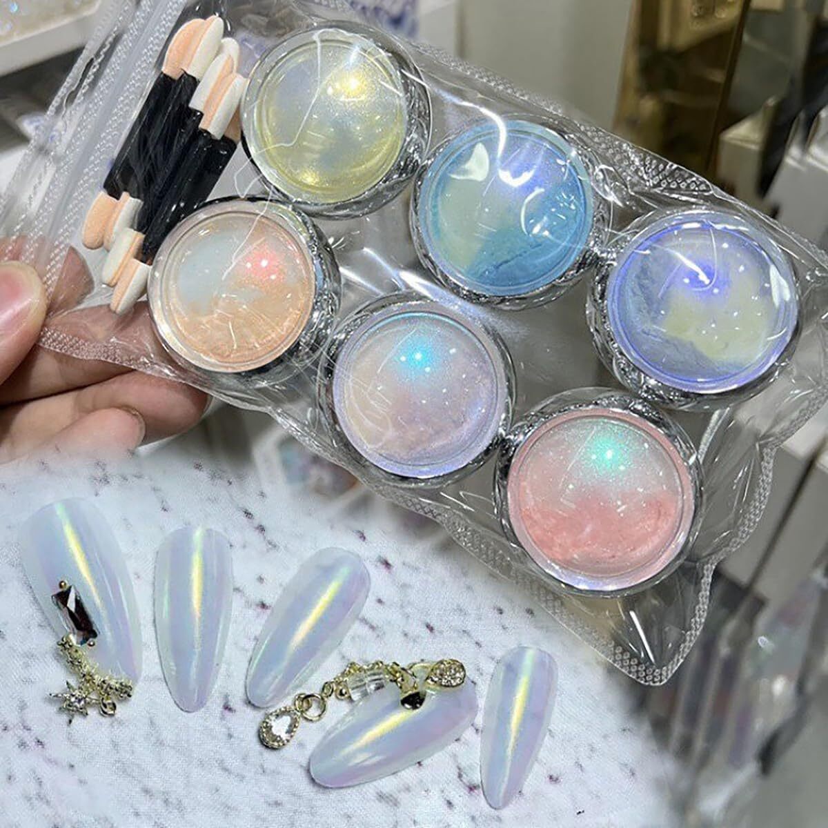 6 Colours Mermaid Chrome Nail Powder, Pearl Nail Art Powder, for Gel Polish