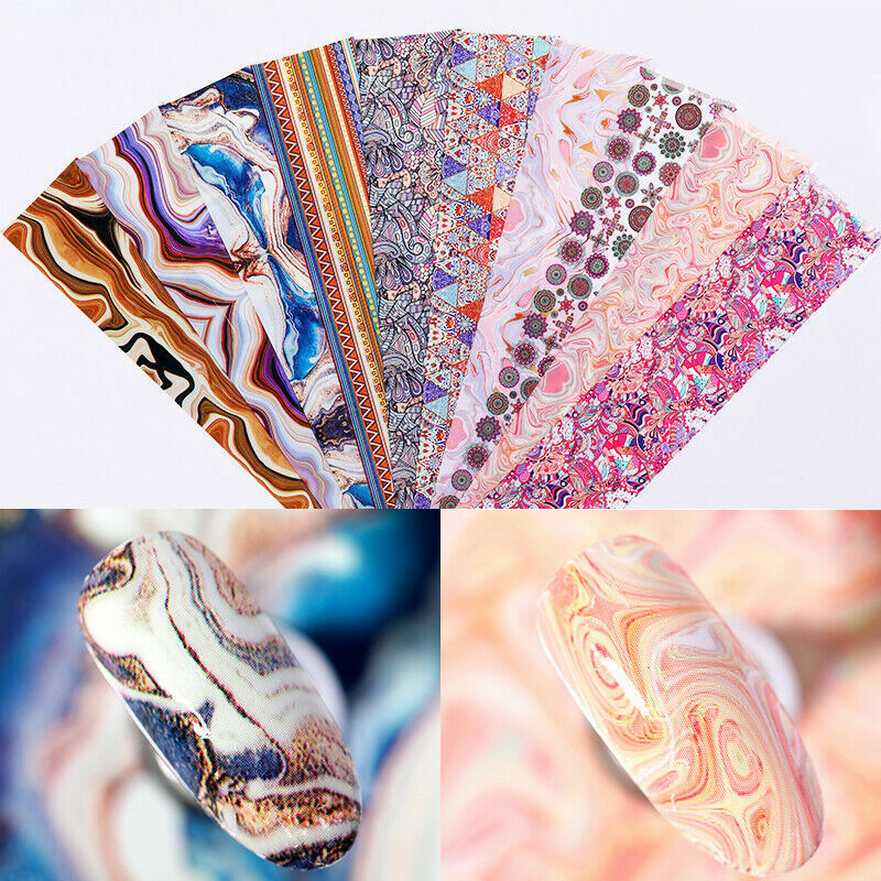 Nail Stickers Transfer Color Decals Nail Art Decor Tips Marble Flower 10Pcs Foil