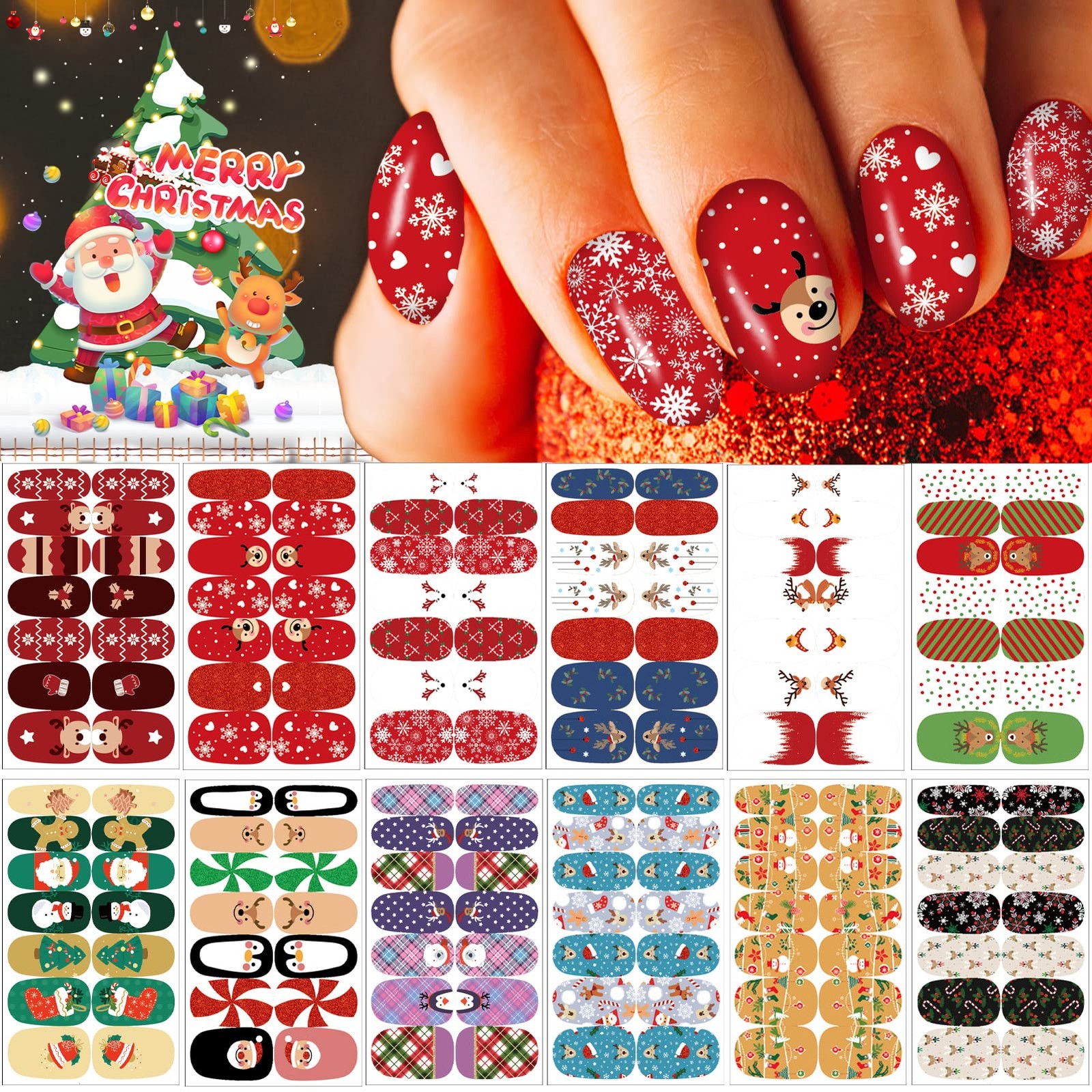 12 Sheets Christmas Nail Wraps Full Stickers Nail Polish Strips, DIY -Adhesiv…