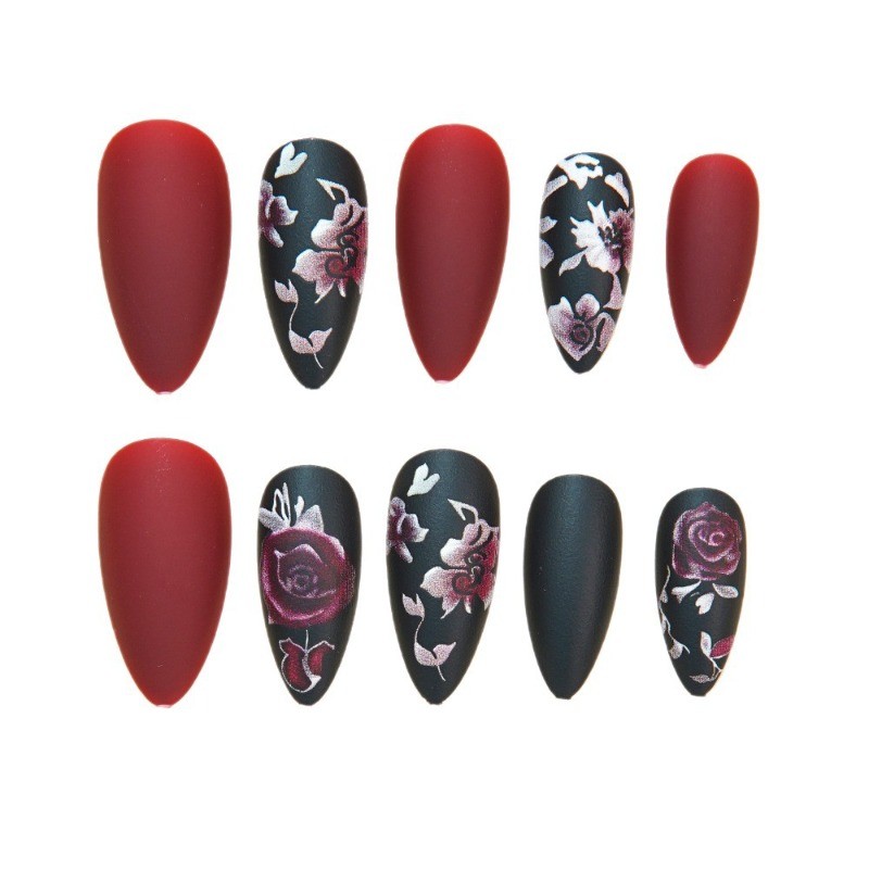 48PCS Oval Matte Black Rose Nail Press, Reusable Matte Rose Pattern Fake Nails