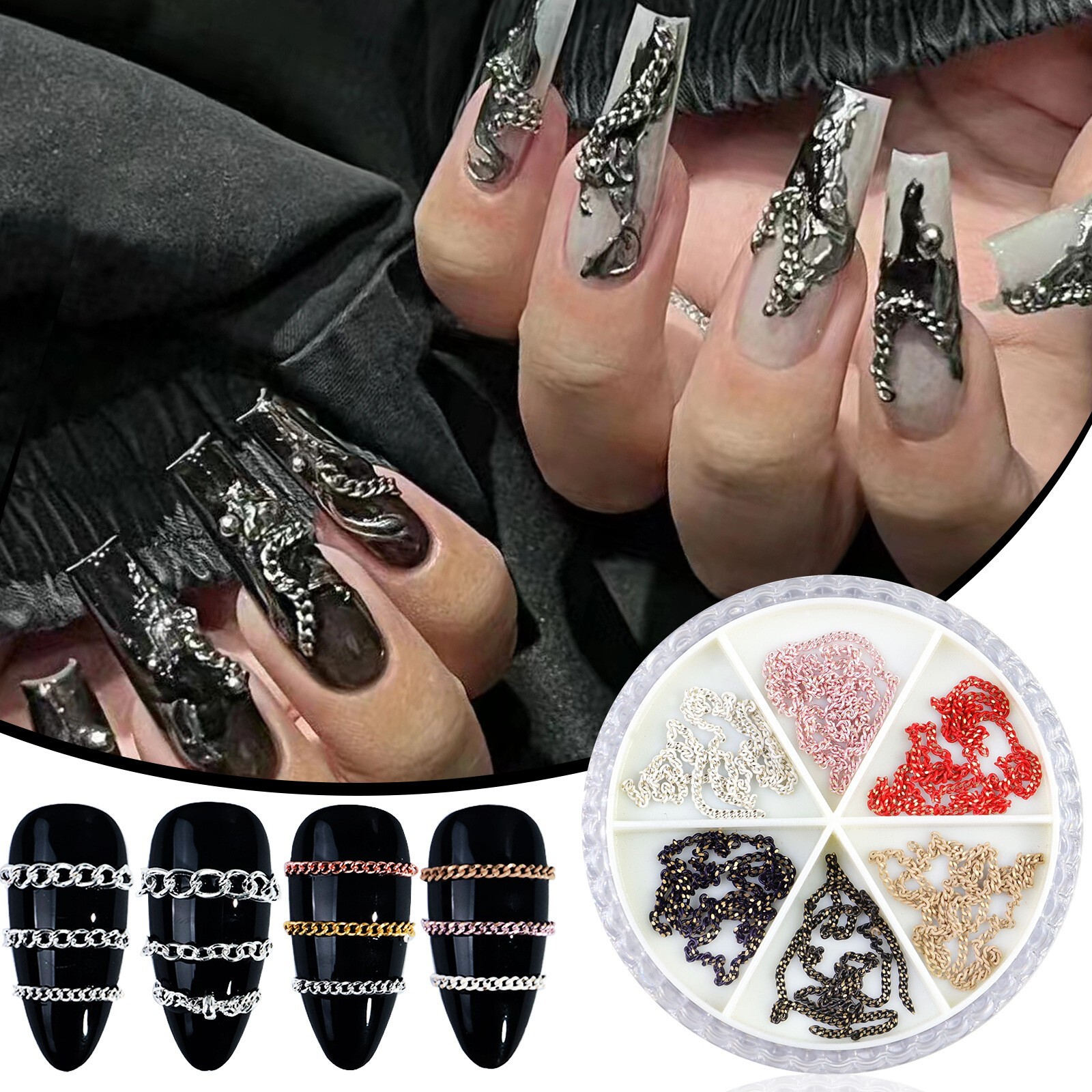 6 Grids Multi-Shape Nails Chain Metal for 3D Nail Art Decorations Accessories