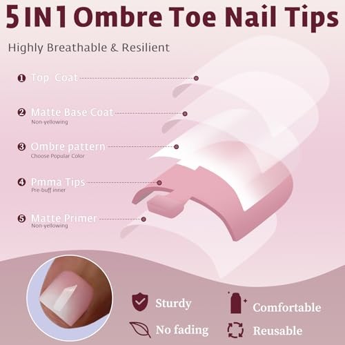 Ombre Press On Toenails For Women with Nail Adhesive Tabs, 150 Pcs Pink Ombre