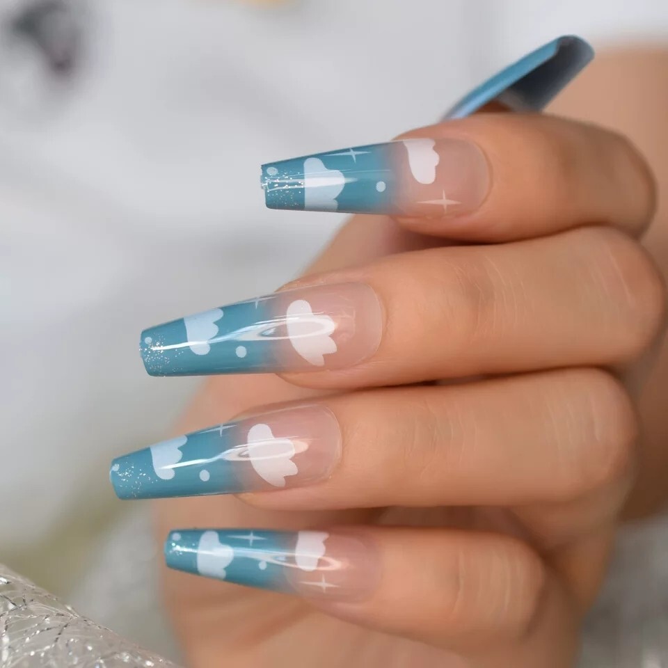 24 Blue skies Clouds Press on nails kit glue nude ombre clear cute kawaii
