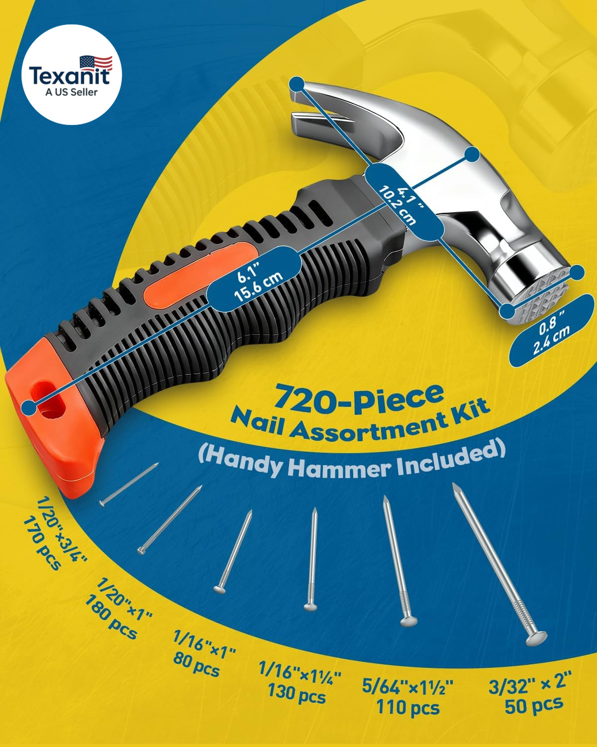 720 Pcs Nail Assortment Kit with Small Hammer, 6 Sizes, Picture Hanging Nails fo