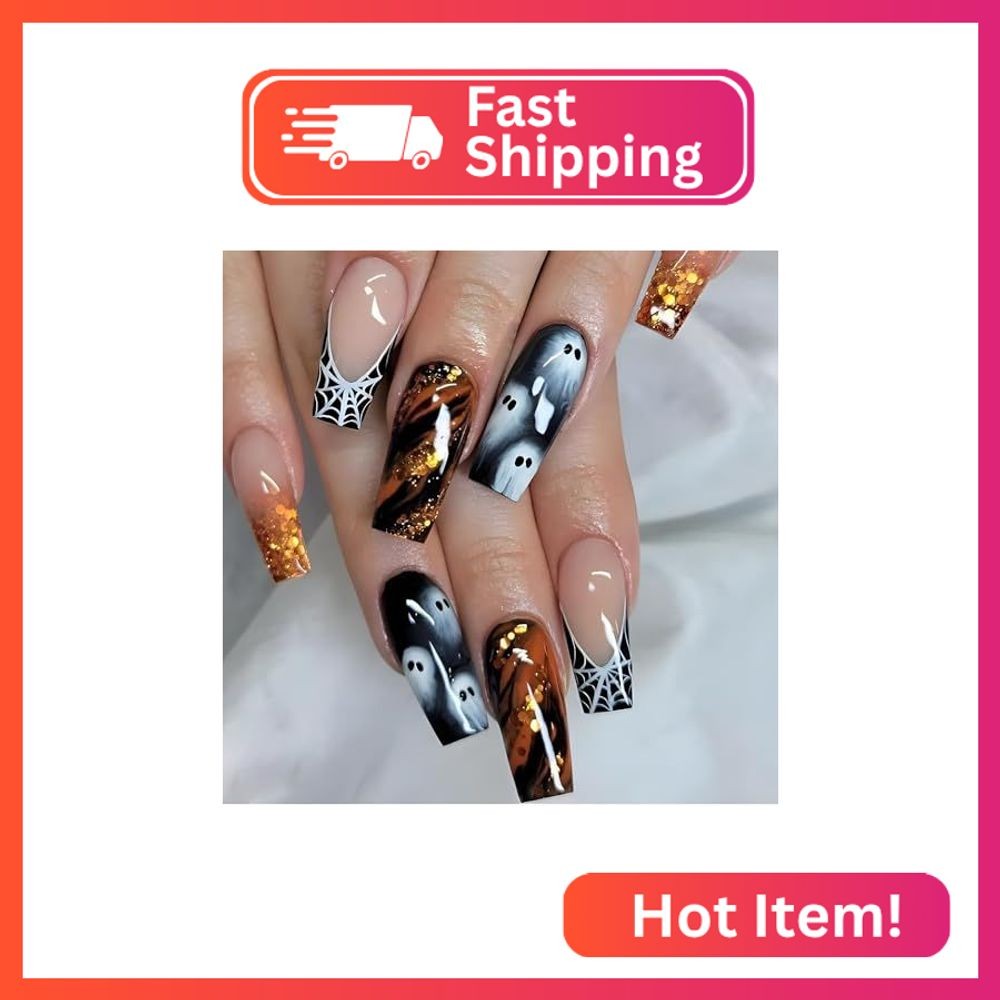 Halloween Press on Nails Long Square – Glod Ombre Fake Nails Color Long Coffin F