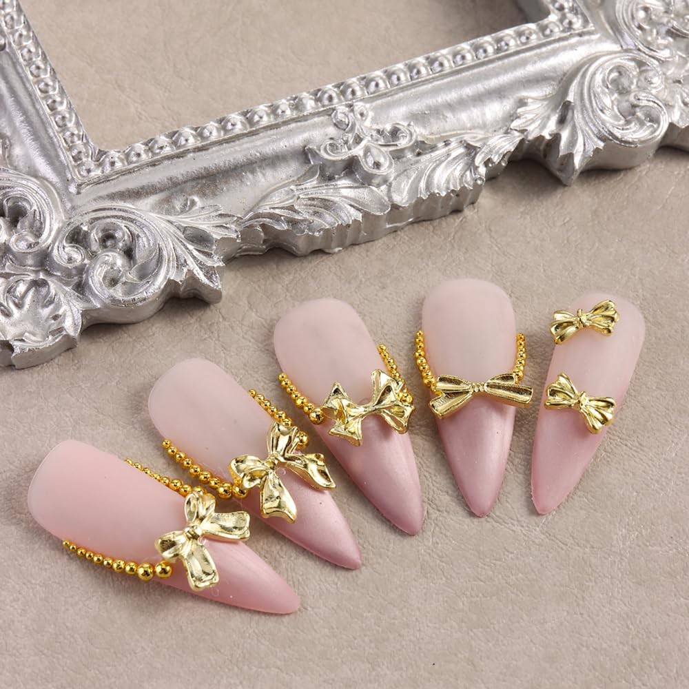 Golden Metal Bow Knot Steel Beads Nails Decoration Kit,3D Alloy Bow-Knot Gold…