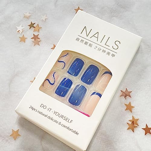 Dark Blue Press On Nails – Short, Glossy False Nails with Shiny 27
